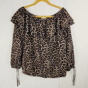 Michael Michael Kors black leopard print ruffled neck top Med Maximal Mob Wife